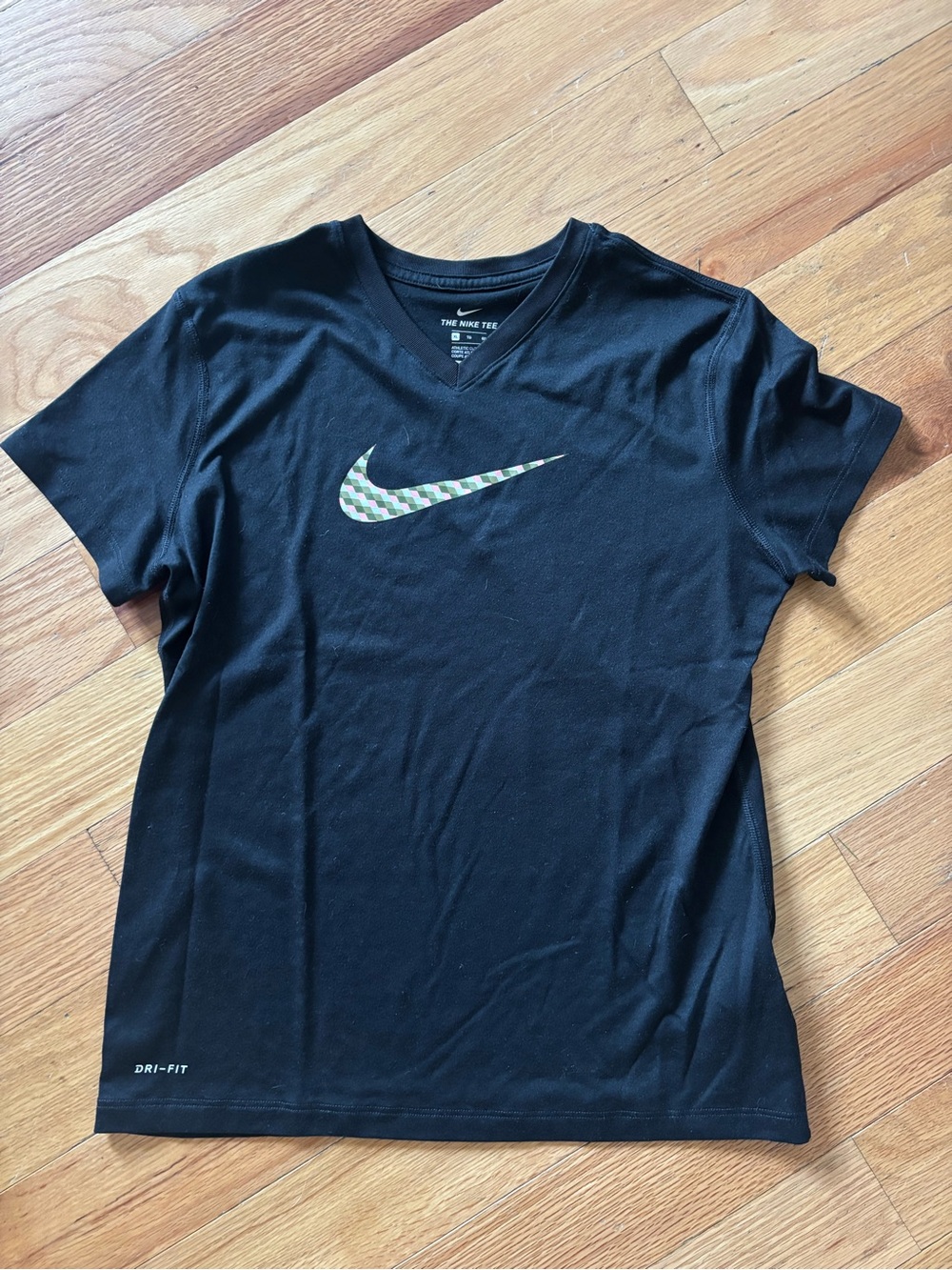 Nike Black V-Neck Tee with Multicolor Check Swoosh